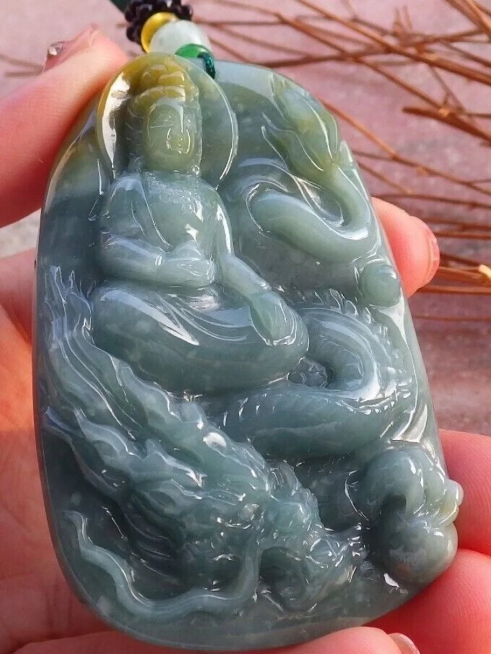 Certificate Jadeite jade Yellow Green Wealth mercy Big Dragon Guanyin Pendant
